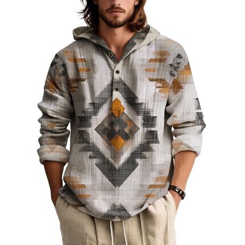 Men's Aztec Tribal Print Hoodie Long Sleeve Button Down Retro